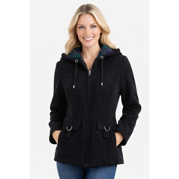 Fleet Street Wool Hooded Jacket Black Plaid Lined Wool Zip Coat Womens Petite PL - Picture 1 of 12